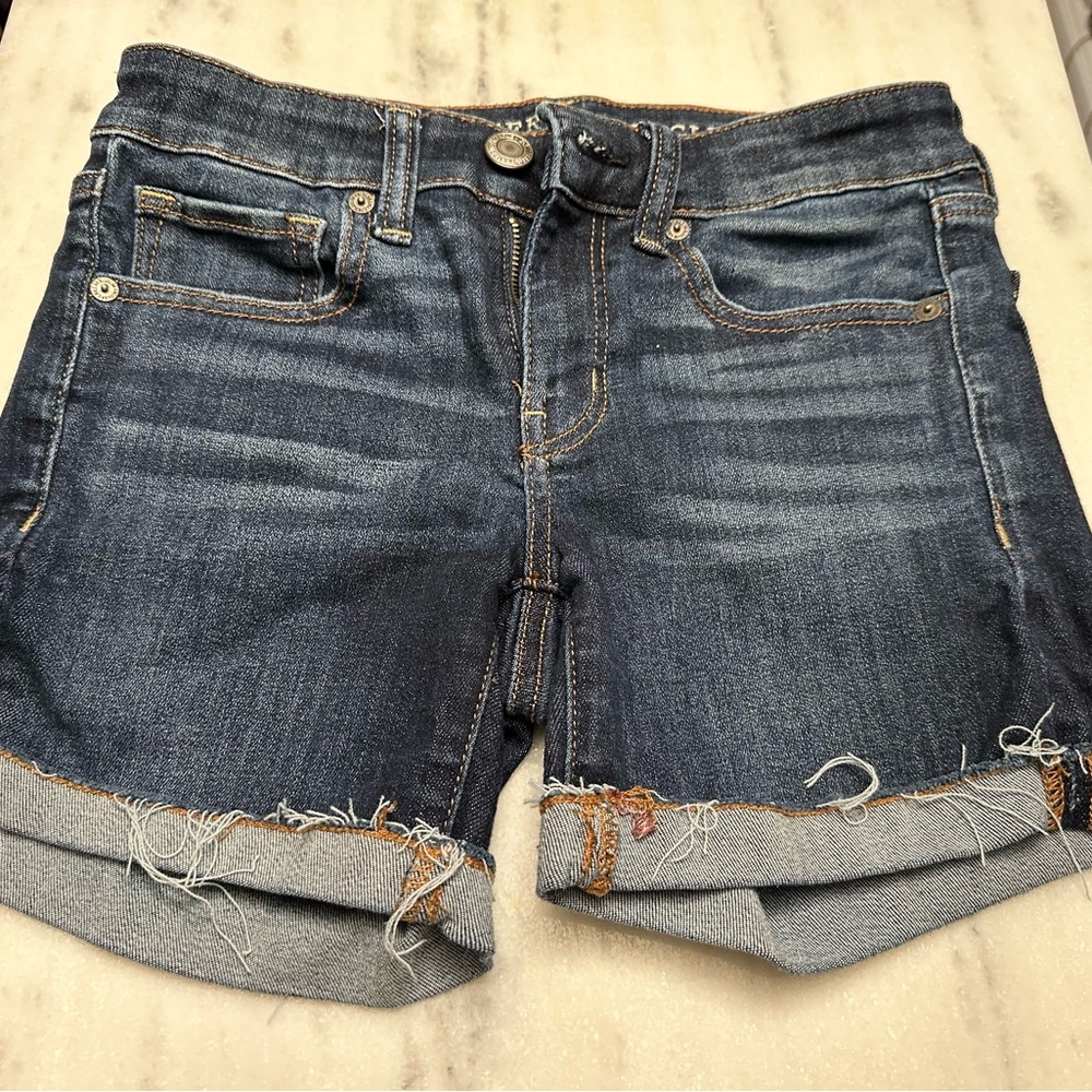 Dark Stretch Jean Shorts with frayed edges cuffed Size 2
